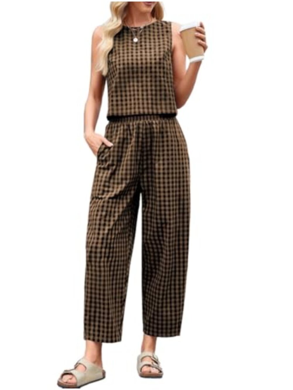 Women's 2 Piece Lounge Set Sleeveless Tank Wide Leg Gingham Pants Pockets